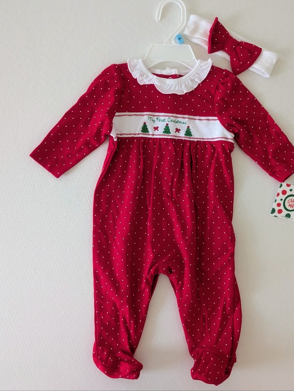 NWT Little Baby Girls Dainty Trees Cotton Footed Coverall Headband Set Christmas